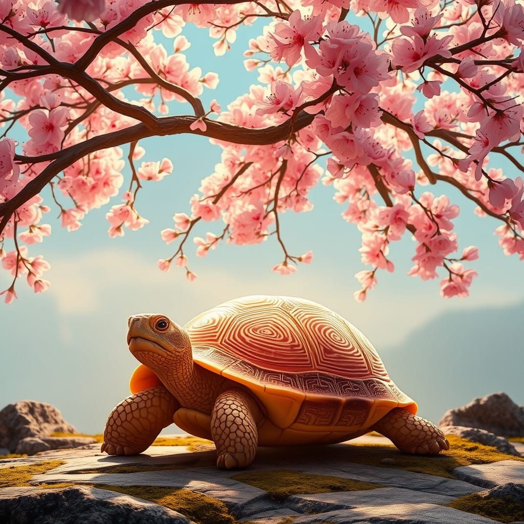 Zen Tortoise Amidst Sakura Blossoms in a Dreamlike Setting