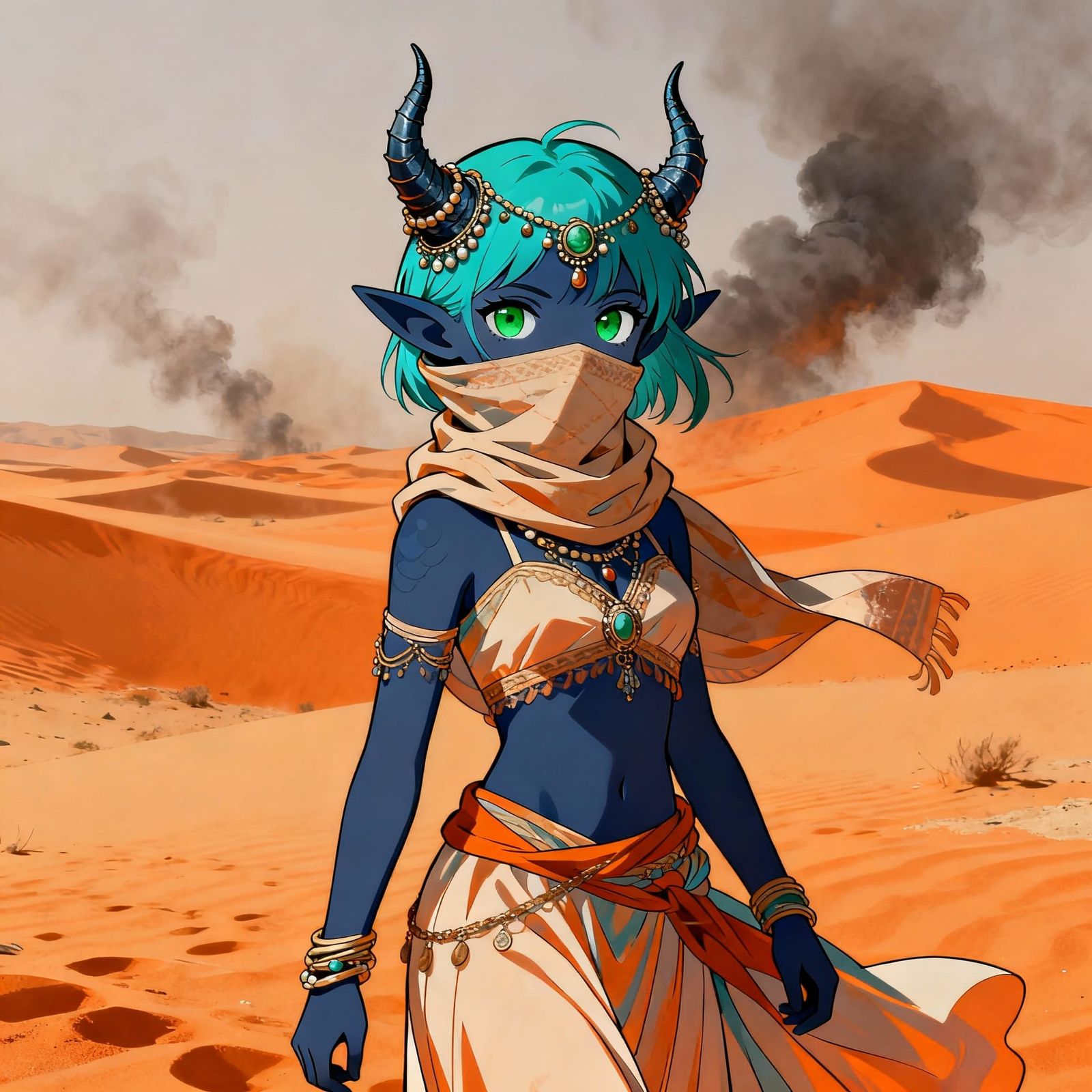 Dragon-Horned Girl in Desert Smog, Realistic Anime Style