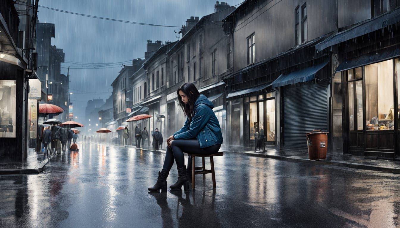 Rainy Night Watercolor: Woman on a Wet Street