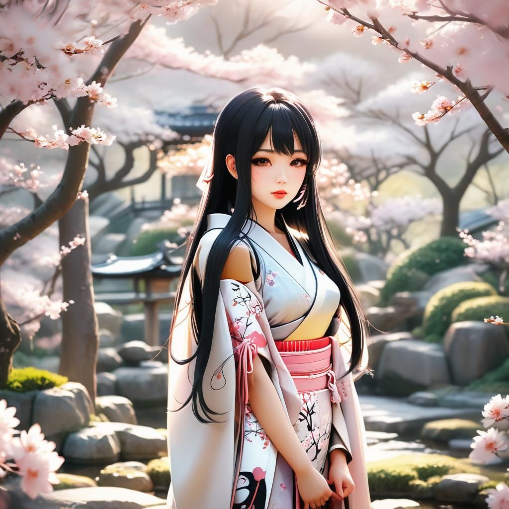Anime Girl in Japanese Garden with Cherry Blossoms
