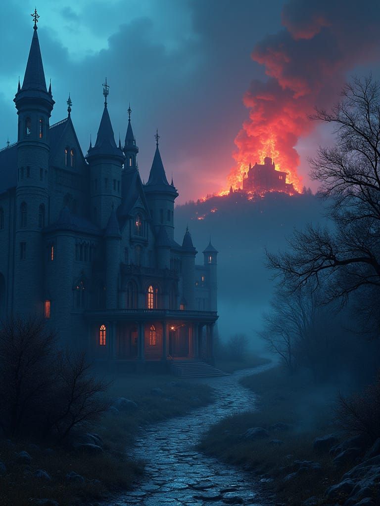 Epic Blue-Lit Castle Amidst Blazing Inferno