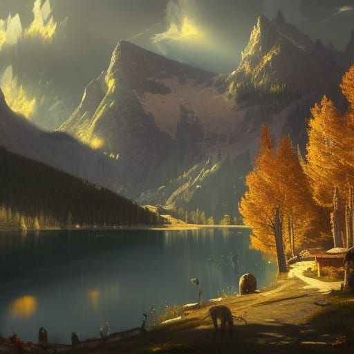 Cottagecore Village by Lake in Golden Sunlight