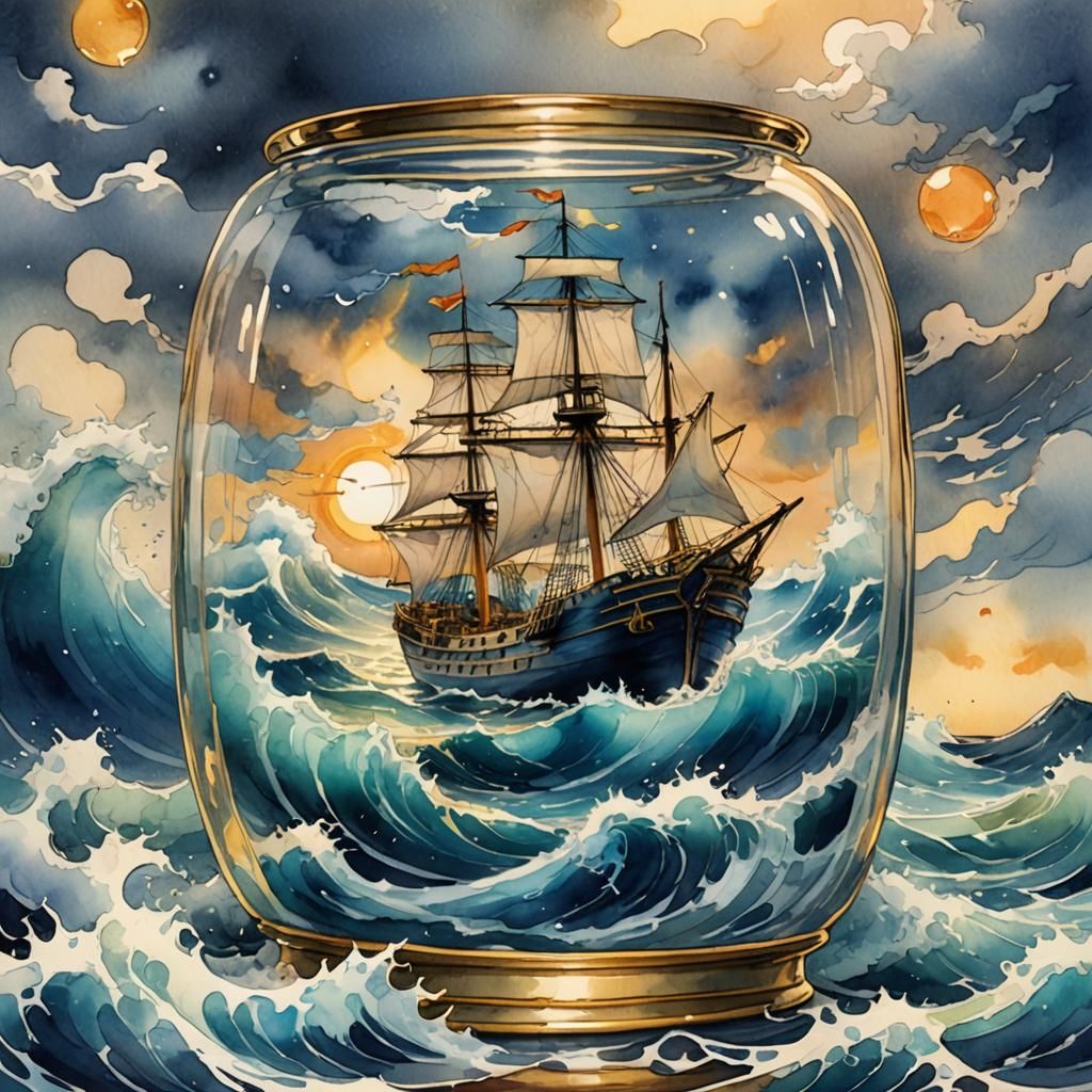 Ship in Glass: Watercolor Dreamscape in Miyazaki Style