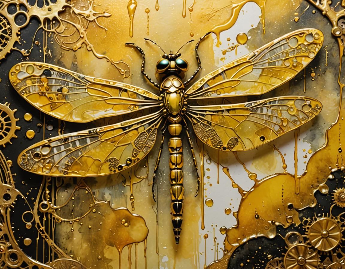 Golden Steampunk Dragonfly on Brocade in Watercolor