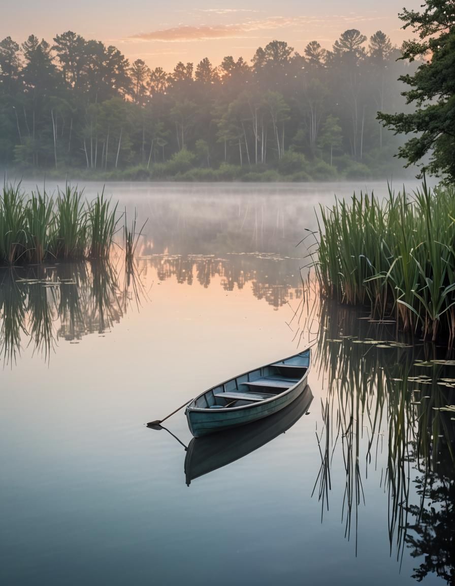 Ethereal Lakeside Dawn Reflecting Pastel Skies