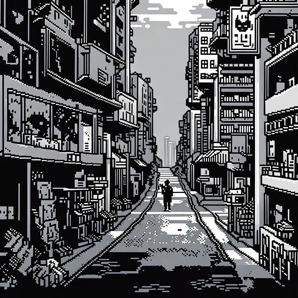 Pixel-Art Zombie in Desolate City: Pen and Ink Vector