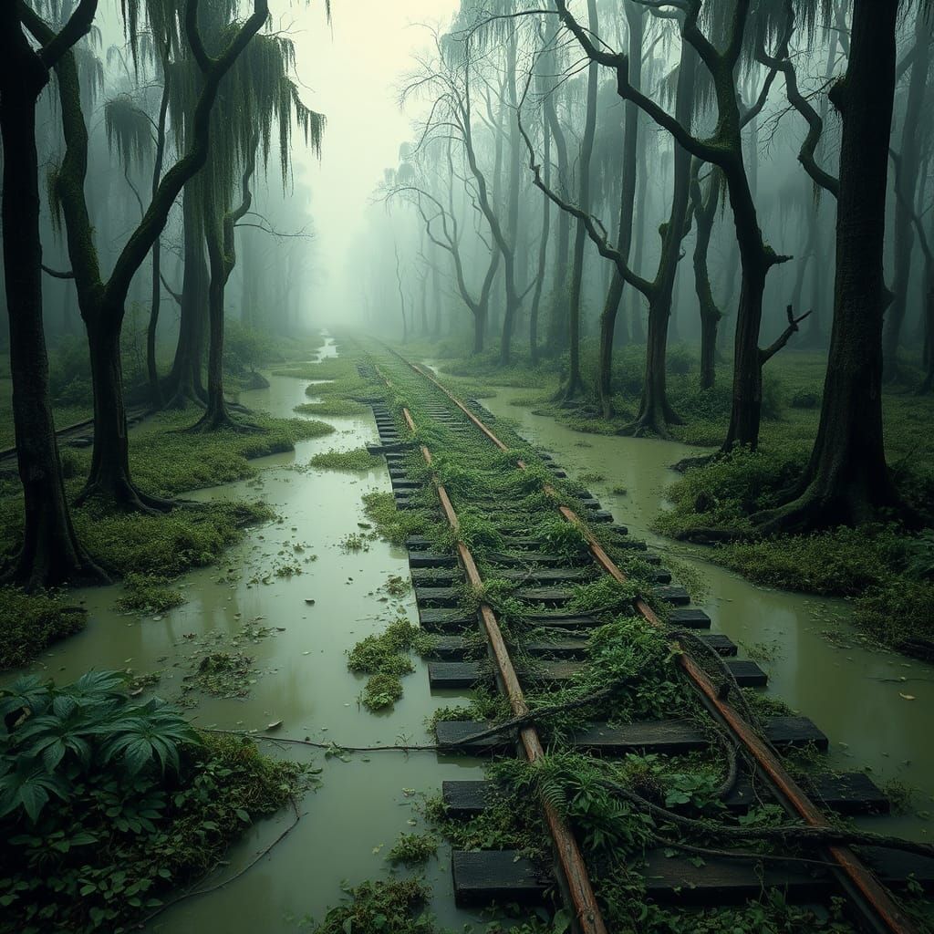 Eerie Swamp Railway Inspired by Surrealist Art