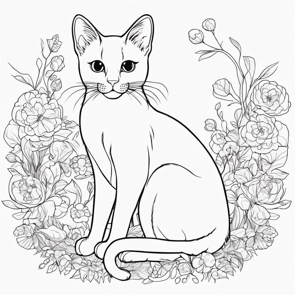 Cute Cat Floral Coloring Book Page in Monochrome
