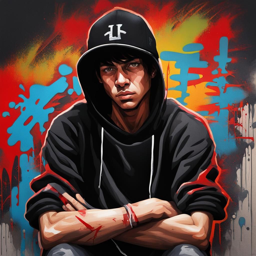 Young Man in Graffiti Art Style with Red Cap