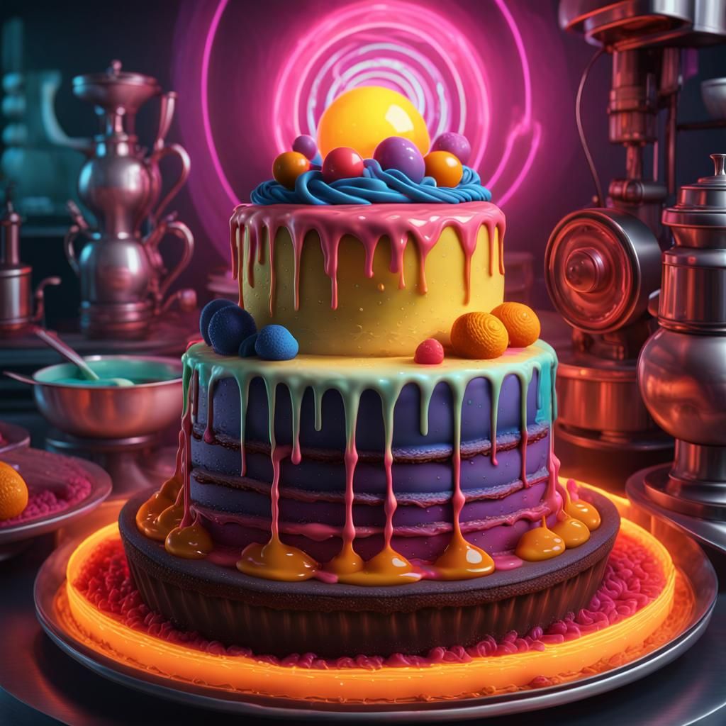 Hyperrealistic Cake Sculpture in Synthwave Style