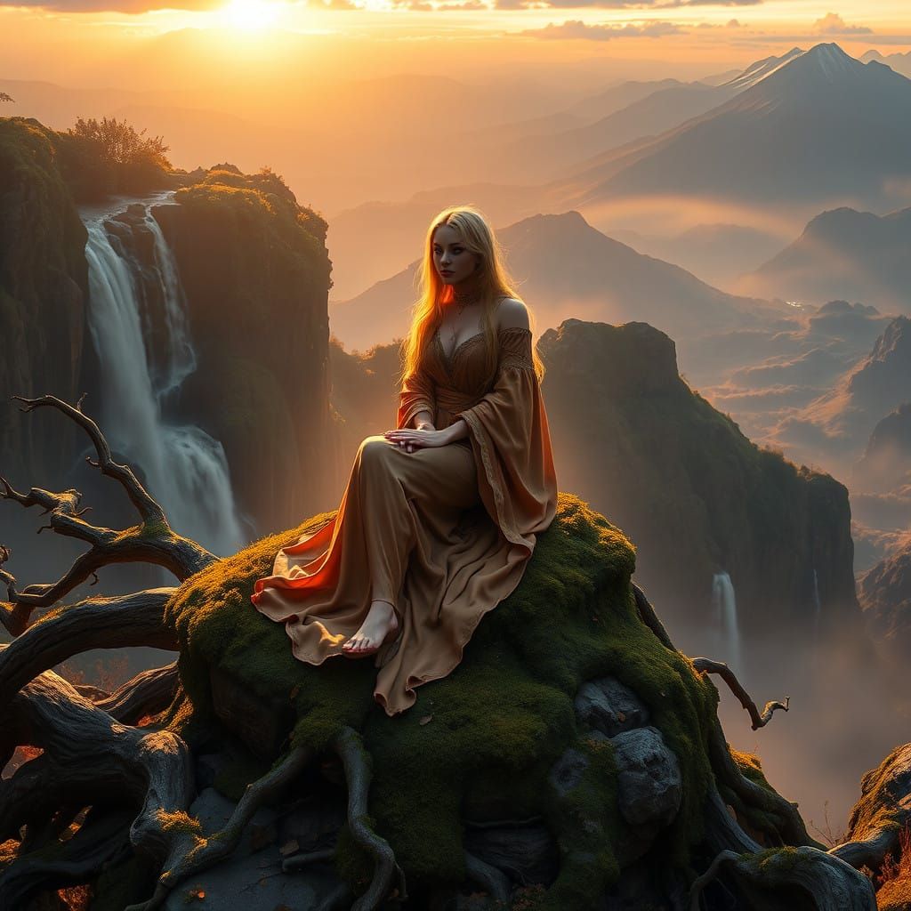 Serene Mystical Figure in a Dreamlike Landscape