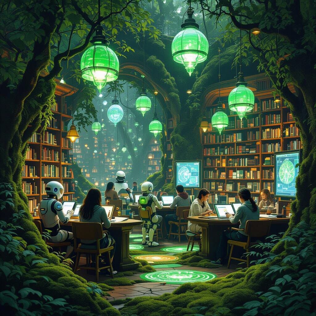 Bioluminescent Forest Library with Robots, Digital Matte Pai...