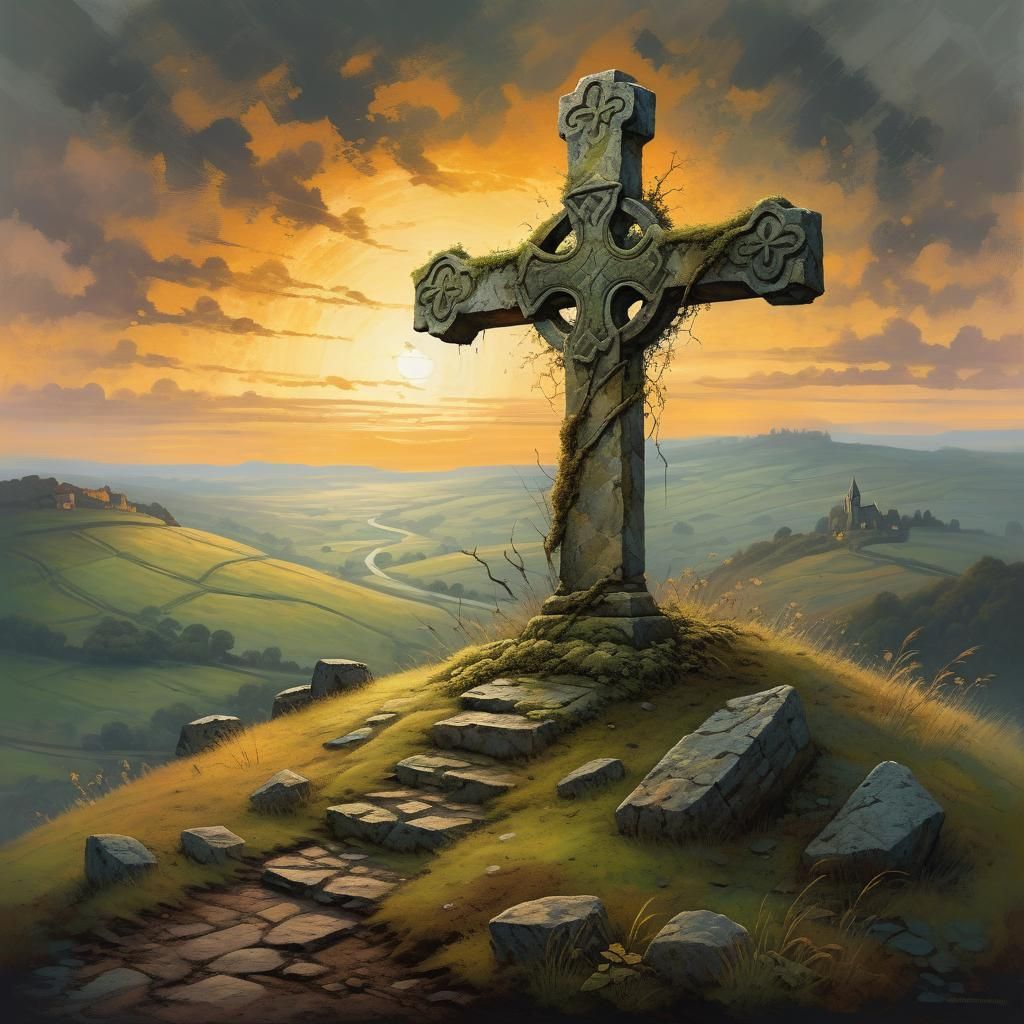 Medieval Cross at Sunset in Romanticism Style