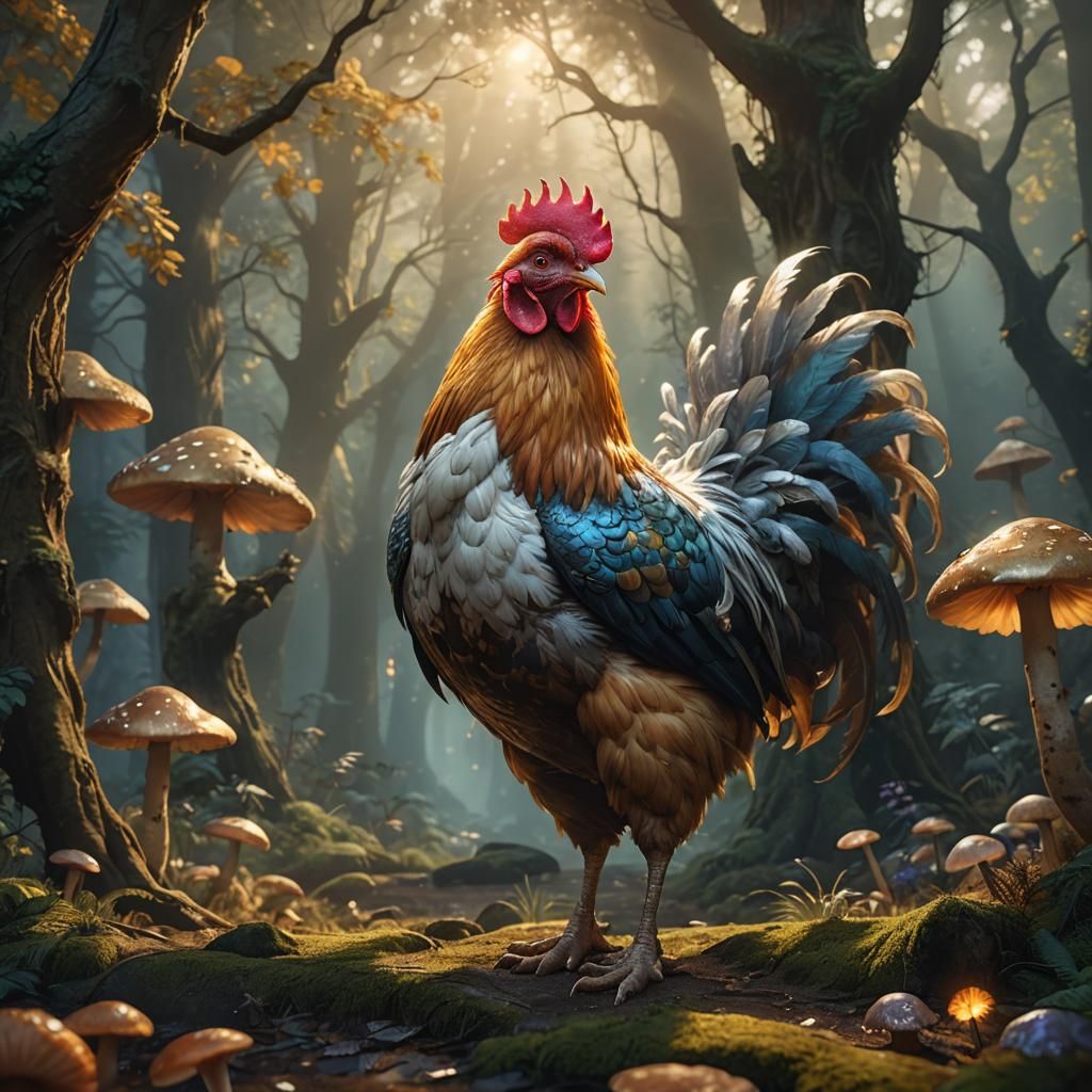 Majestic Chicken in Mystical Forest Concept Art