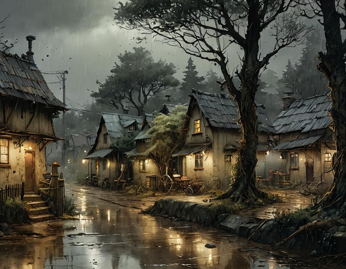 Rainy Village Scene in Watercolor and Ink