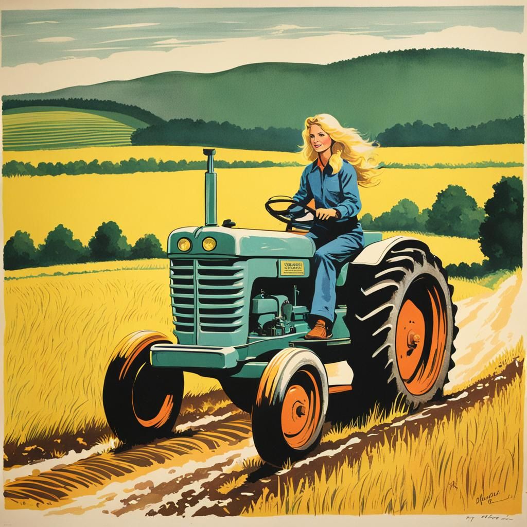 Woman on Tractor in 70s Lithograph Style