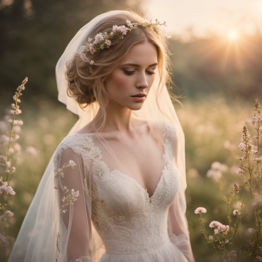 Bride in Wildflower Field with Billowing Veil