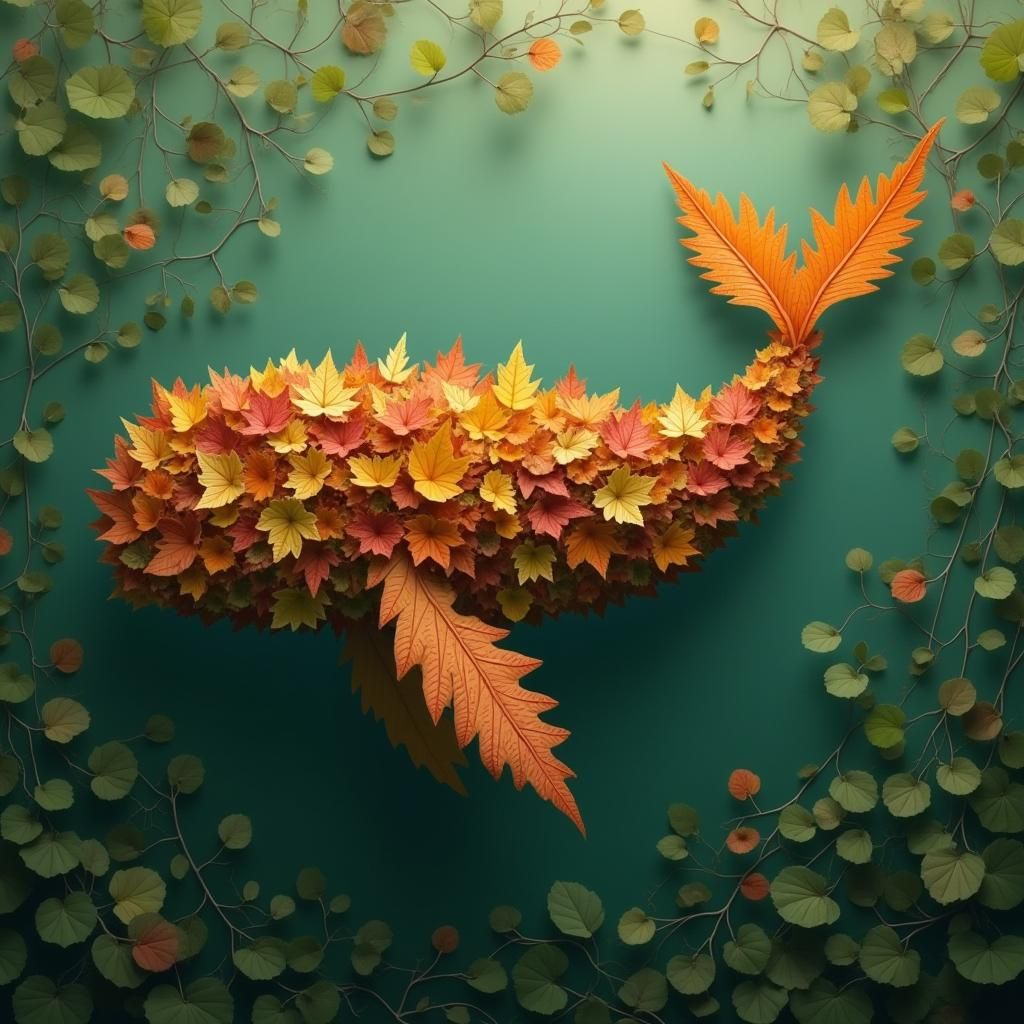Whale Made of Autumn Leaves Swimming in Green Sea