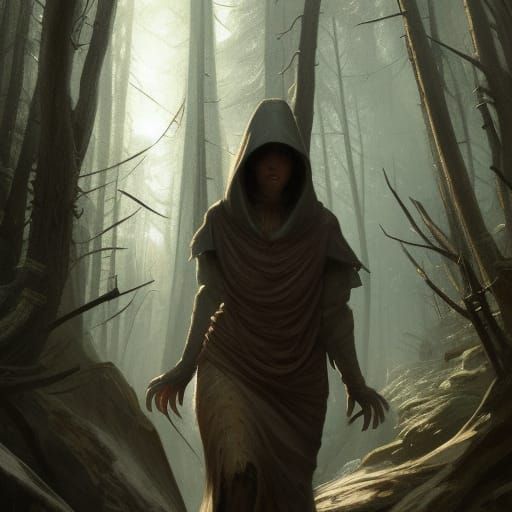 Dark Fantasy Woman in Forest, Detailed Art