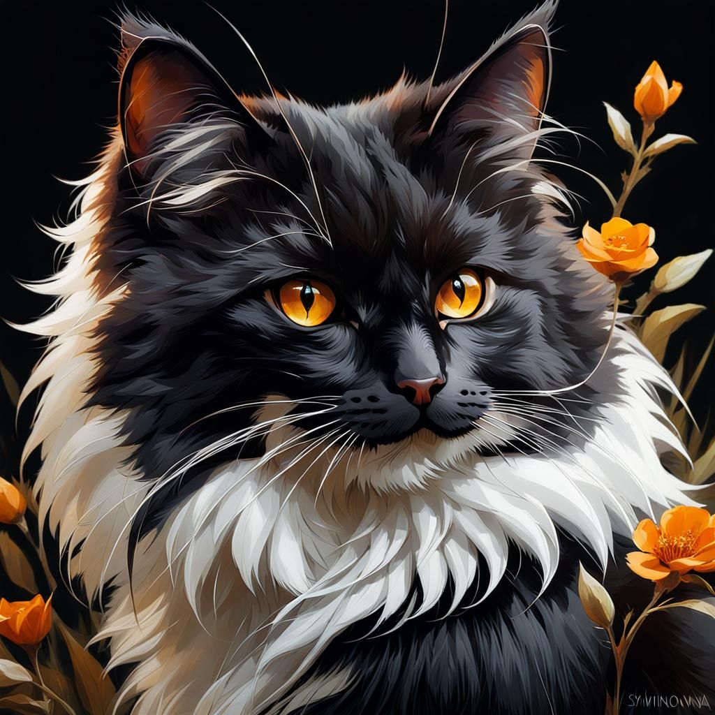 Beautiful Black and White Cat with Amber Eyes