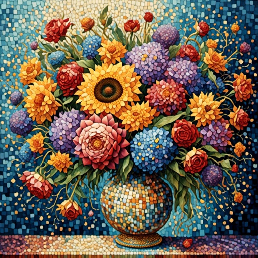 Pointillist Portrait of Flowers in Vase