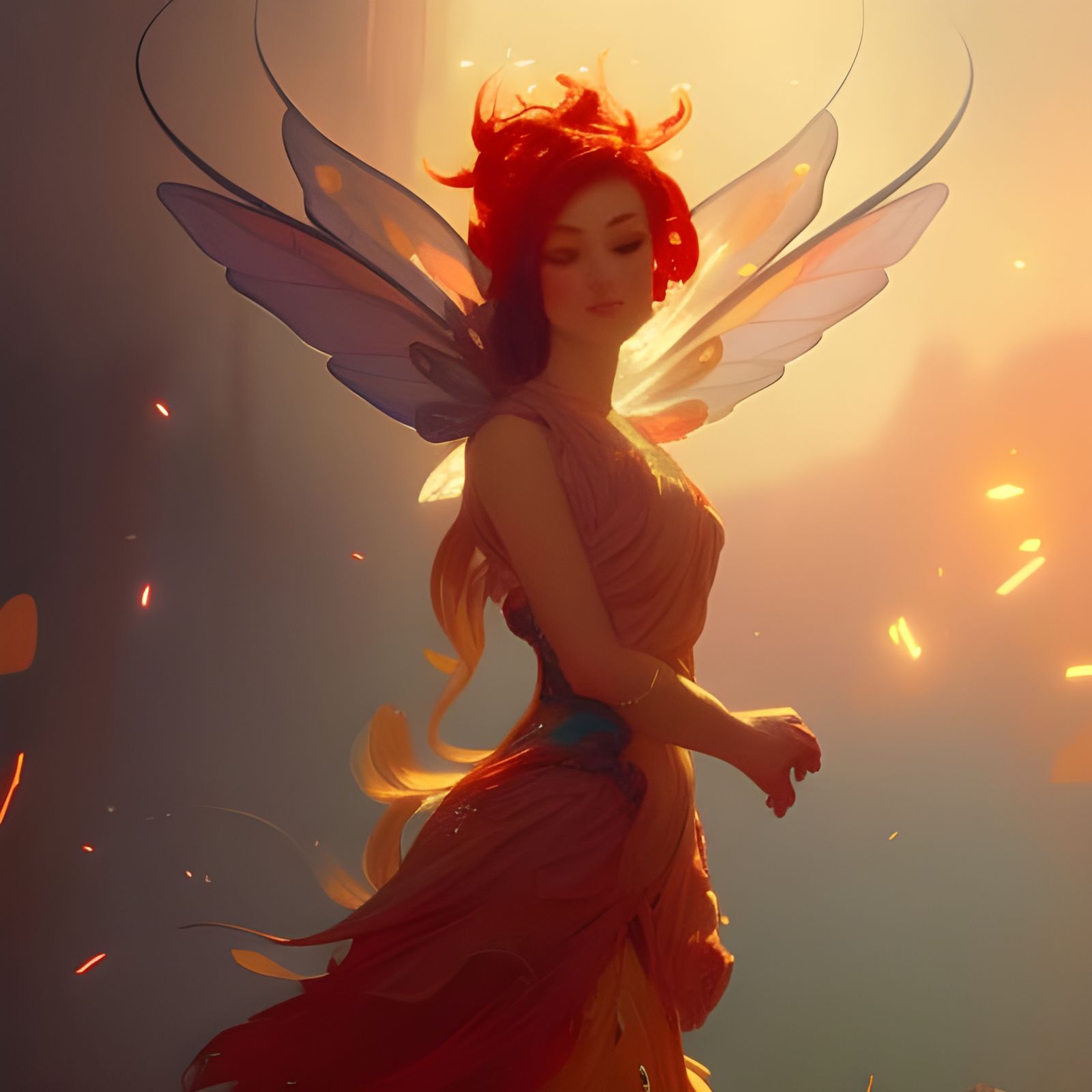 Golden and Red Fairy in Art Nouveau Style