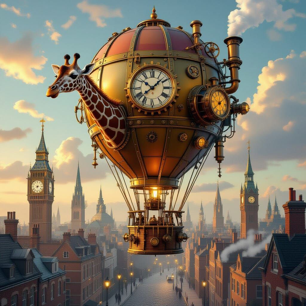 Steampunk Giraffe Hot Air Balloon Over Victorian City