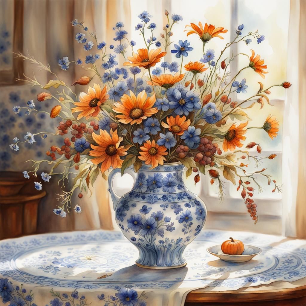 Autumn Wildflower Bouquet in Watercolor Style