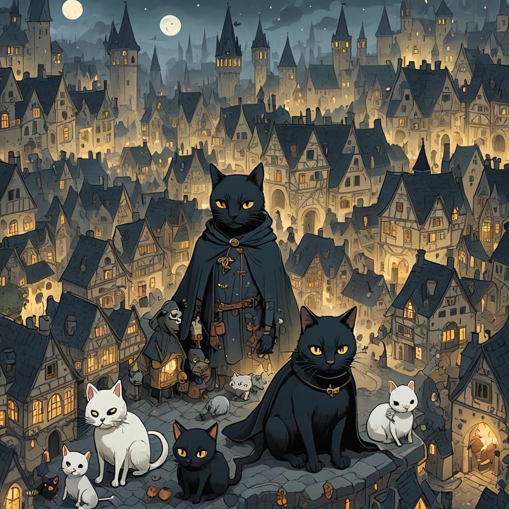 Black Cat Plague Doctor Visits Medieval City