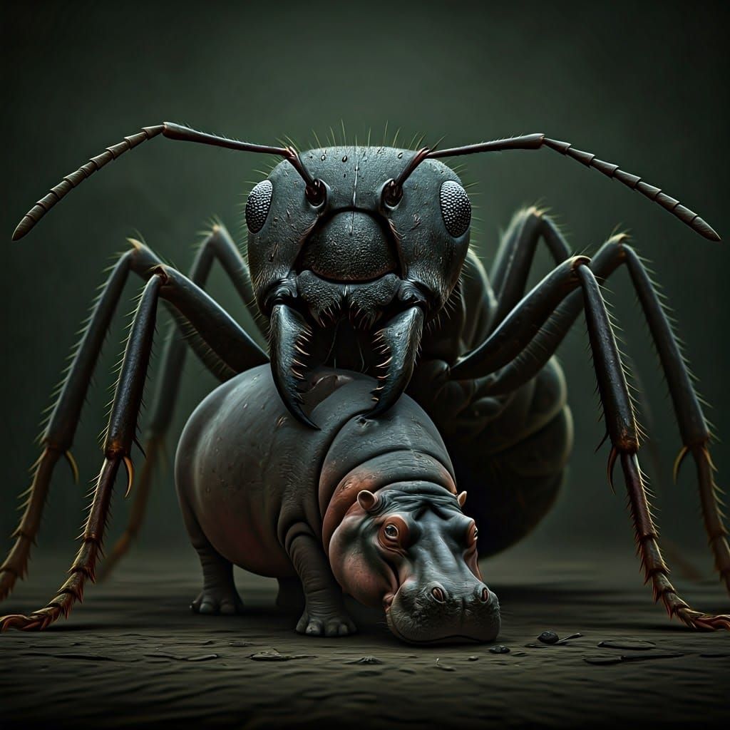 Giant Ant Devours Hippopotamus in Dark, Surreal Scene