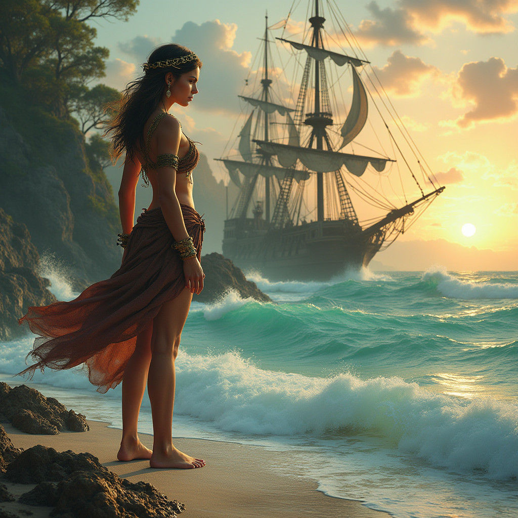 Pirate Girl at Turquoise Ocean, Fantasy Concept Art
