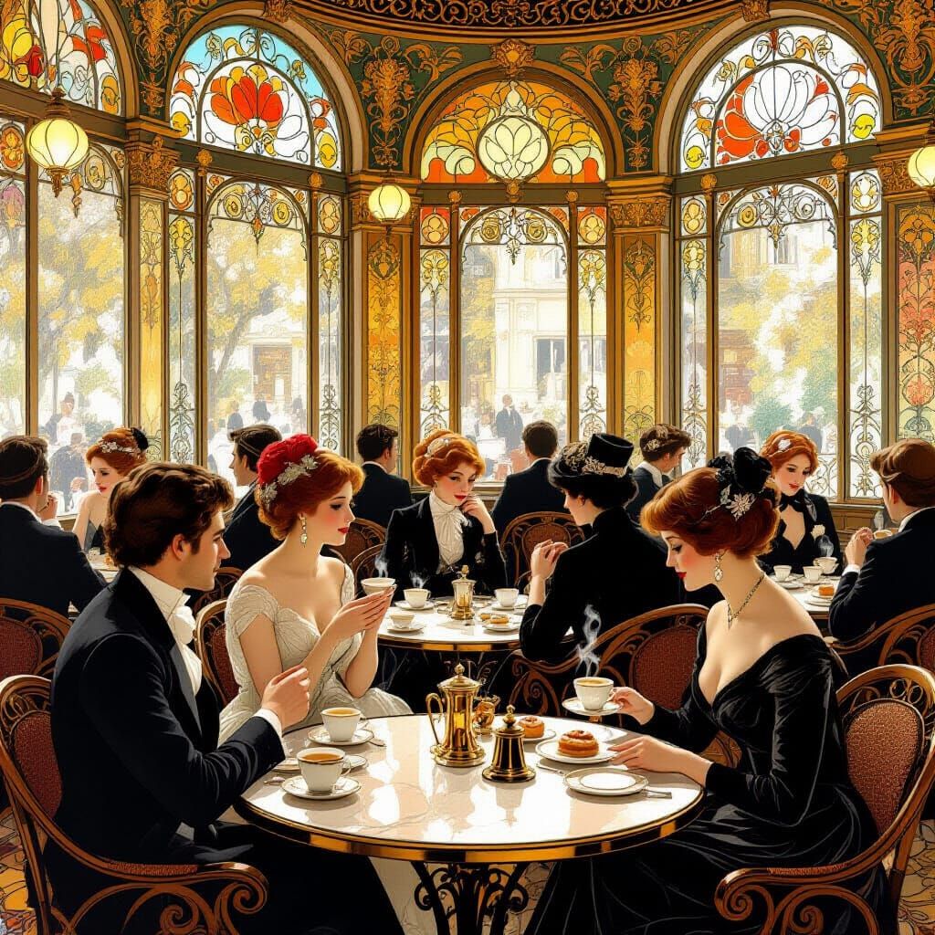 Elegant Art Nouveau Cafe Scene with Patrons