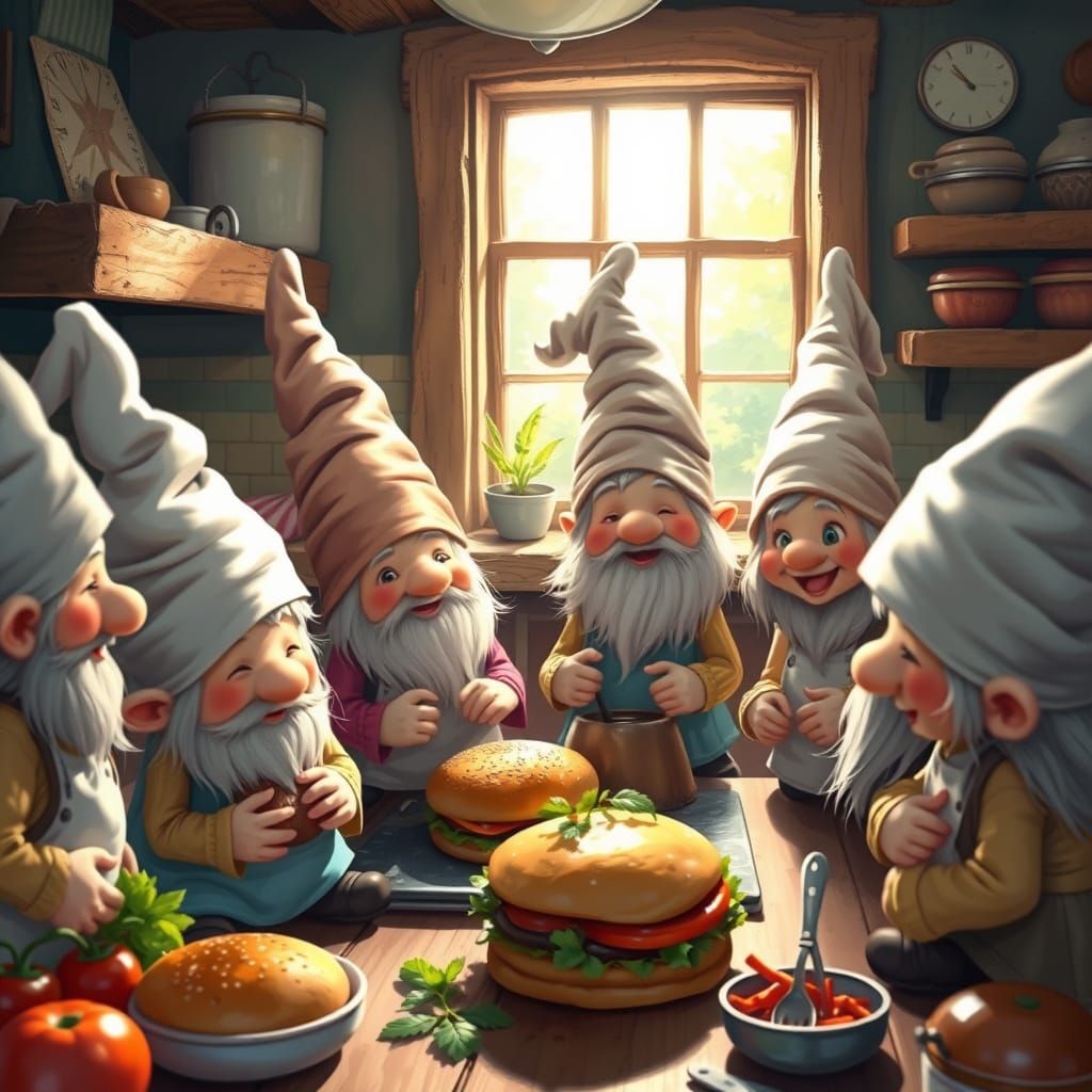 Gnomes Make Hamburgers in Cozy Kitchen