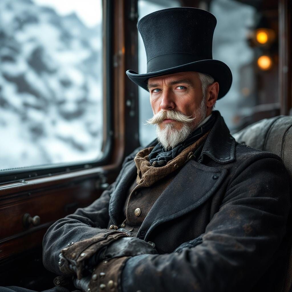 Steampunk Man on the Orient Express in Snowy Mountains