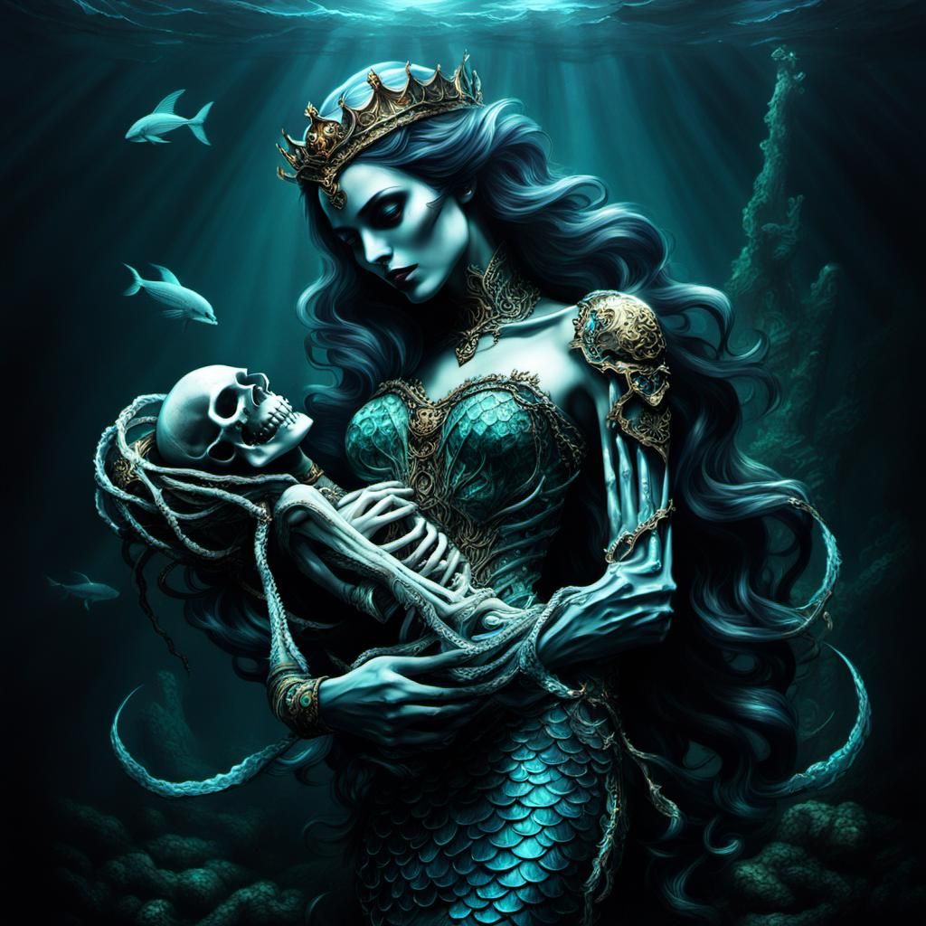 Cursed Mermaid Princess Embraces Skeletal Prince