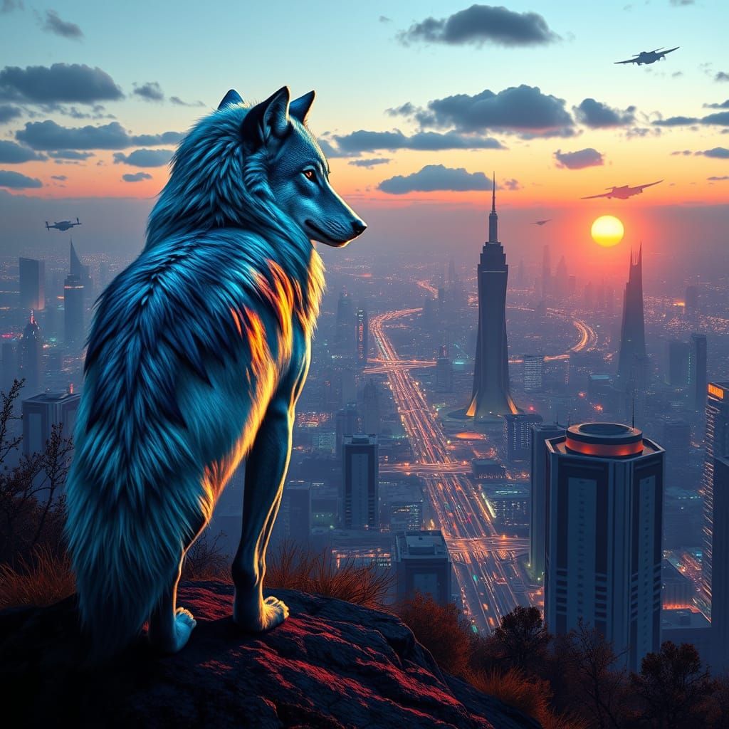 Wolf in Cyberpunk Cityscape at Dawn, Iridescent Fur Reflecti...