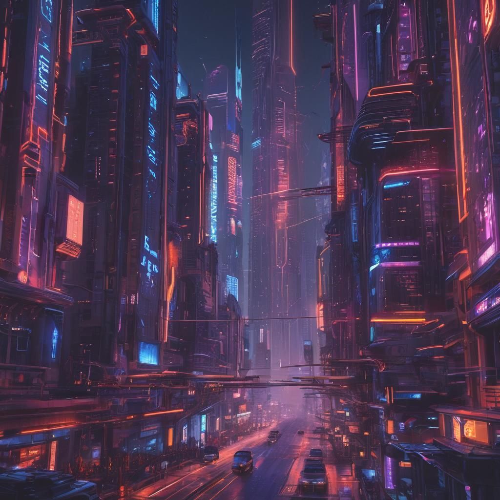 Cyberpunk Cityscape with Neon Lights and Flying Vehicles