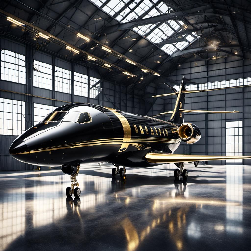 Luxurious Black and Gold Jet in Modern Hangar