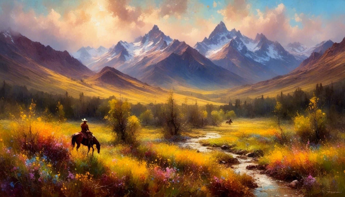 Bierstadt-Style Cowboy Rides Through Mountain Valley