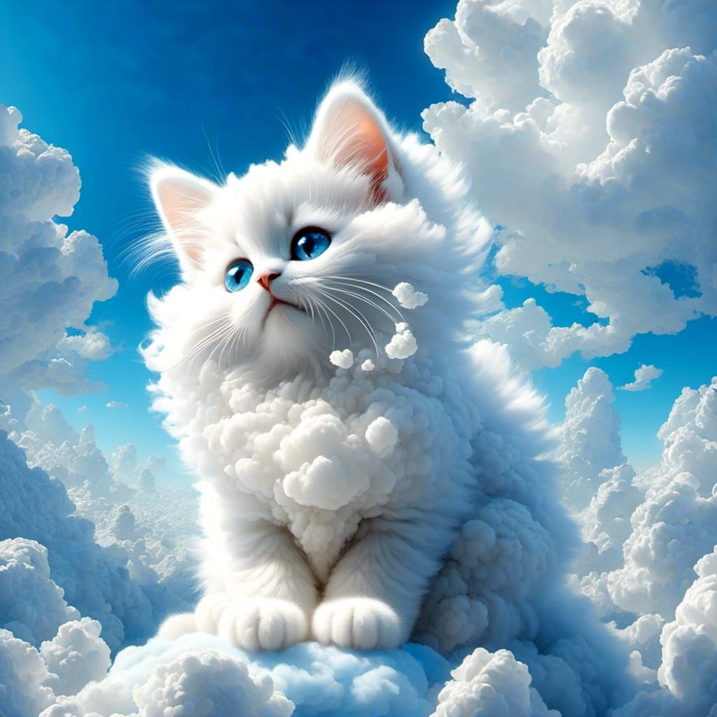 Fluffy Kitten Cloud in Blue Sky