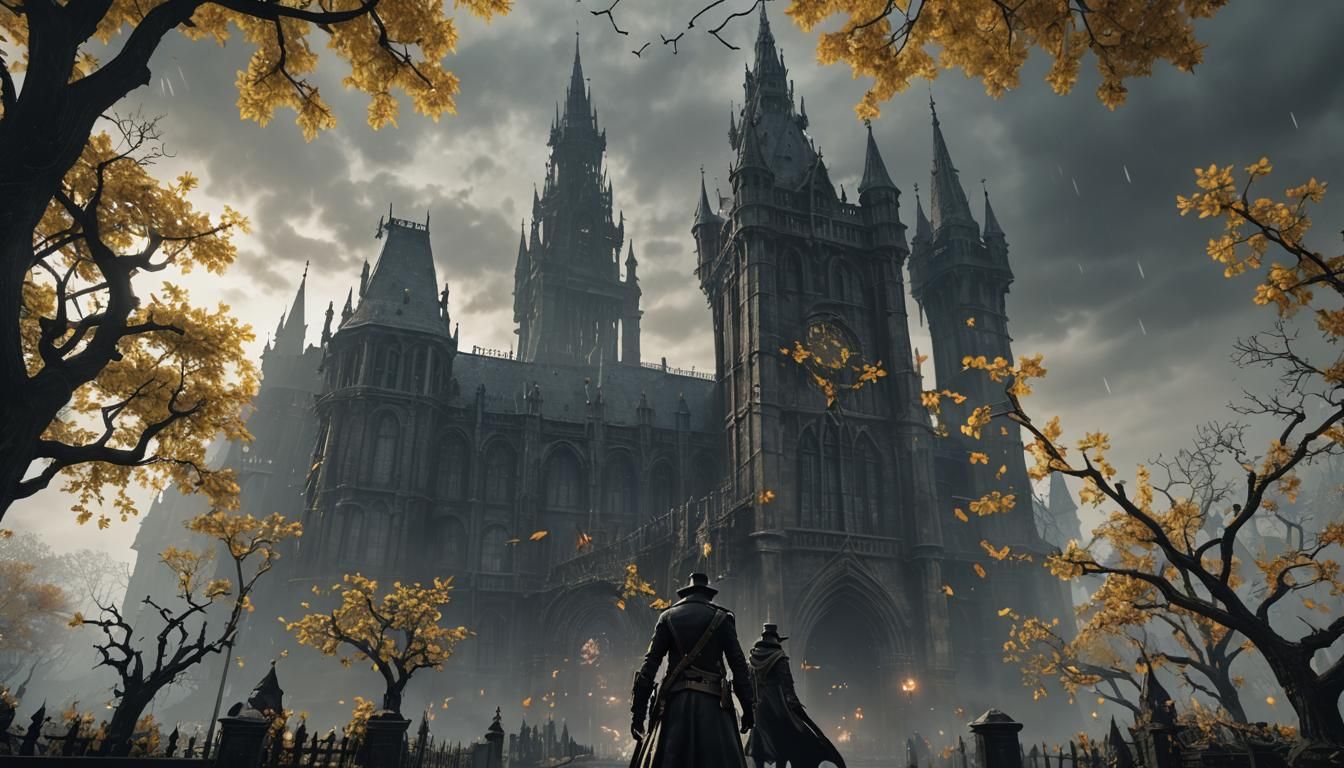 Bloodborne Towers with Sunflowers in Rain and Mist