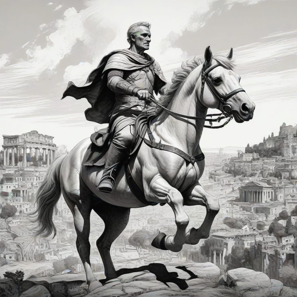 Julius Caesar on Horseback Overlooking Imperial Rome Pen Dra...