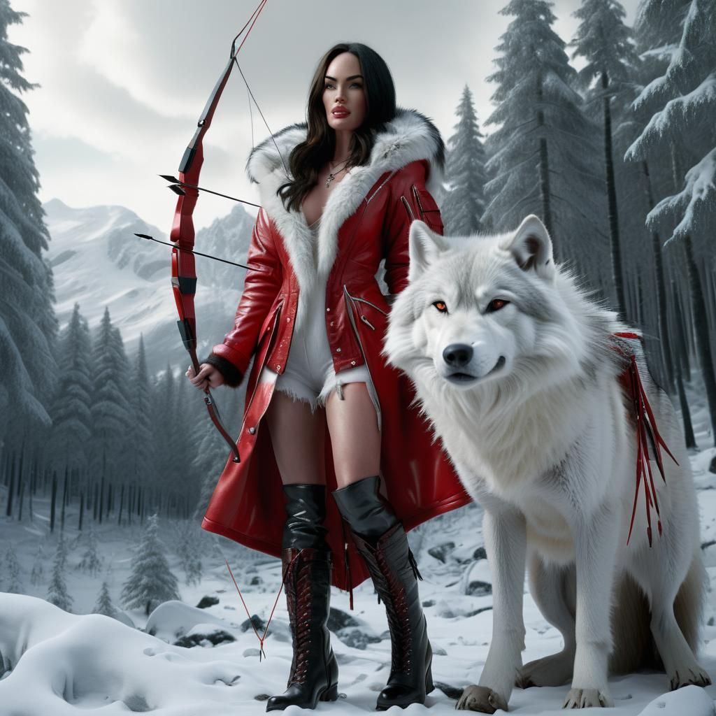 Fur-Clad Archer with Wolf in Snowy Landscape