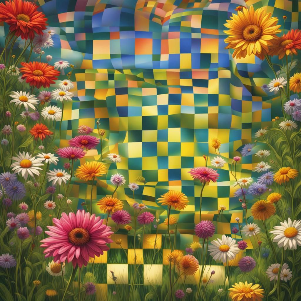 Hyperrealistic Checkered Flower Meadow Concept Art