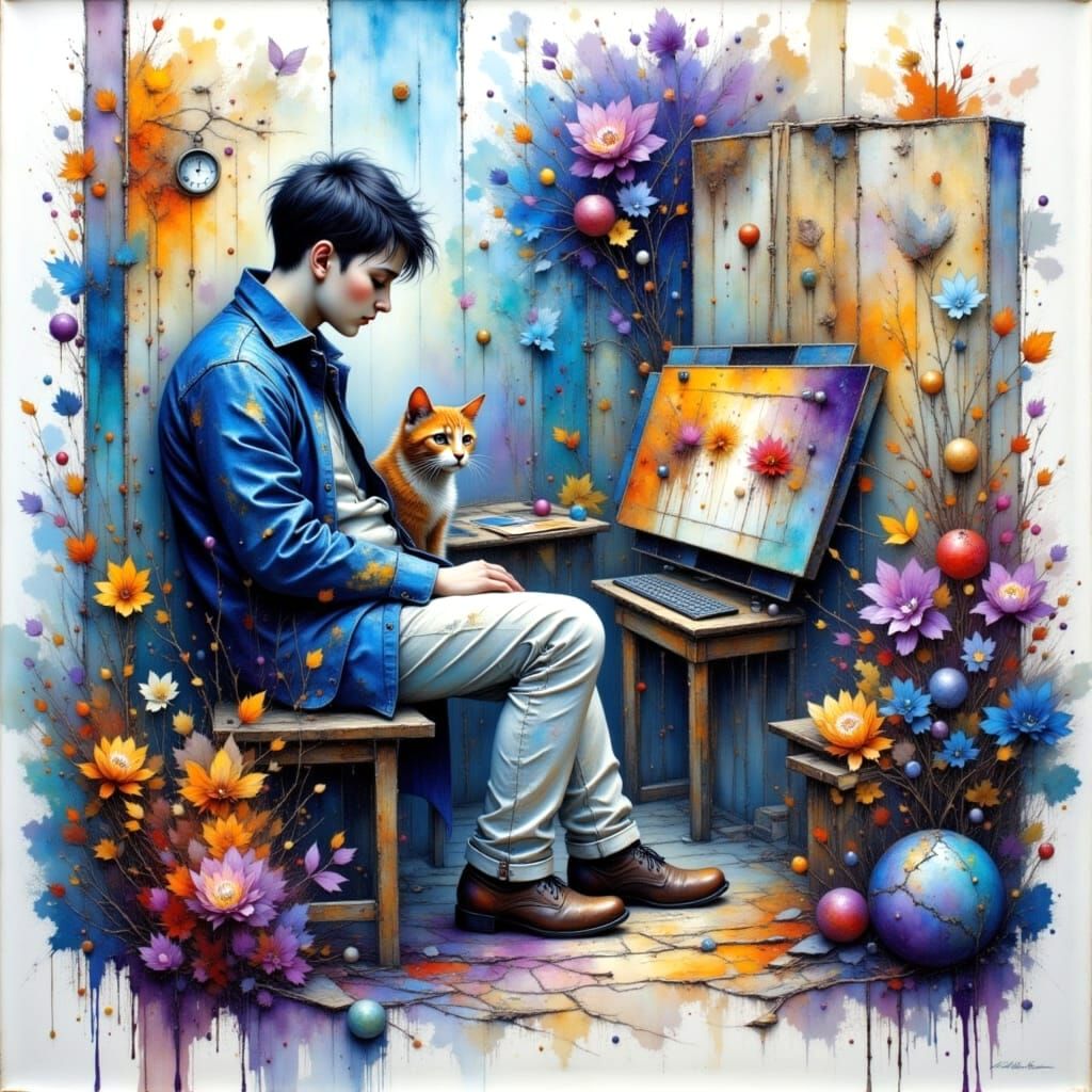 Painter's Studio with Cat in Mixed Media