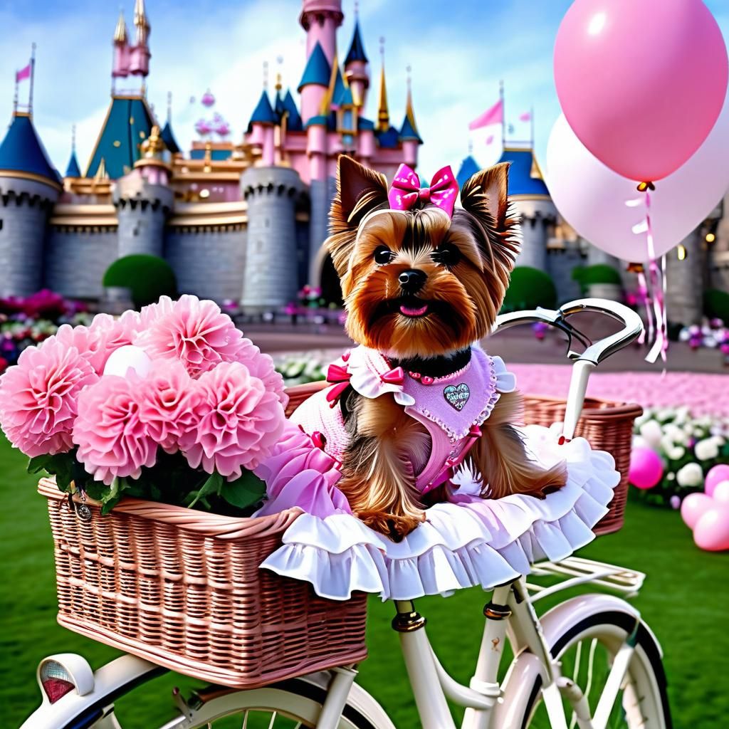 realistic light brown yorkie wearing a pink bow in her hair,...