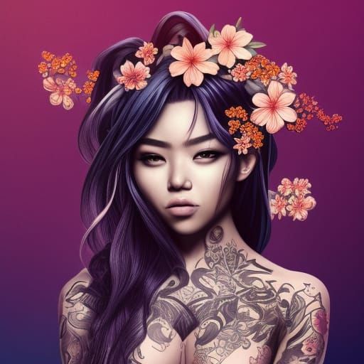 Geisha with Tattoos and Cherry Blossoms in Hyperrealism