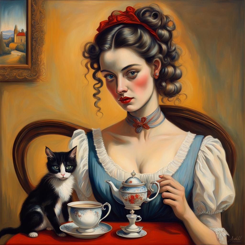 Edwardian Woman Shares Tea With Cat, Surrealist Style