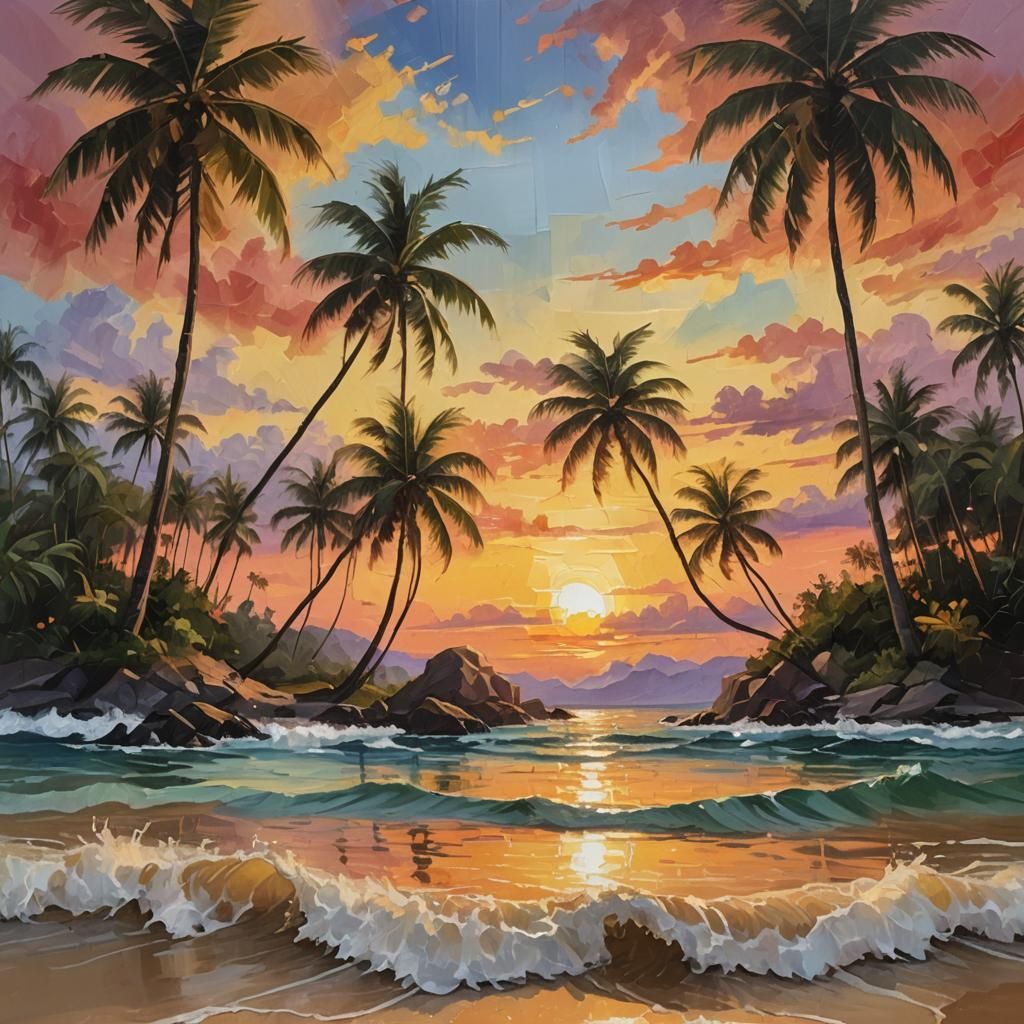 Tropical Island Sunset: Impressionist Oil Painting