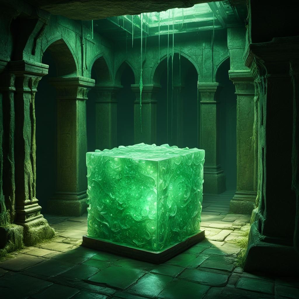 Adventurer Trapped in Green Jelly Cube: Dark Fantasy Art